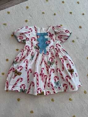 Pink Chicken White Holiday Candy Cane Dress with Blue Ribbon